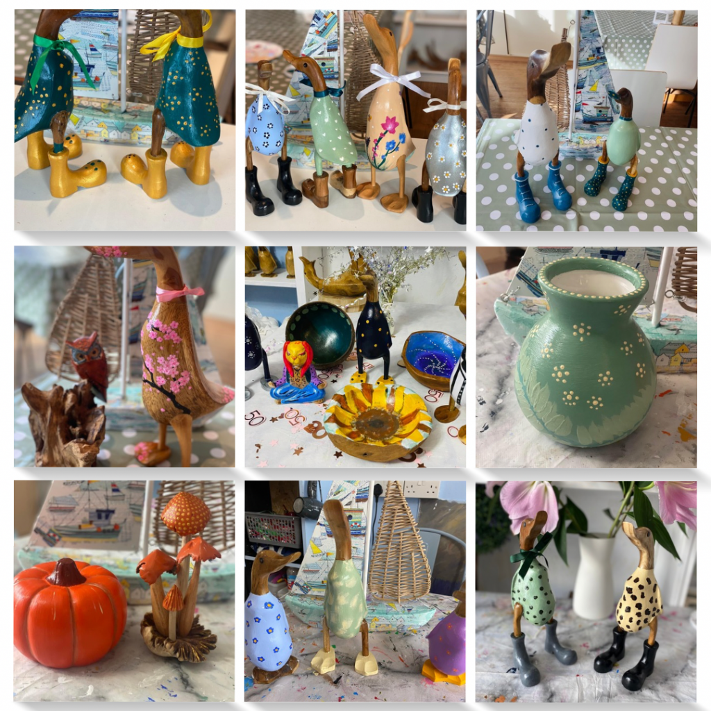 Selection of things to do in Exmouth at arty boat, lots of finished painted items