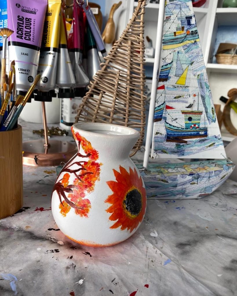 Decoupage workshop event at art studio Exmouth, vase in white with orange flower