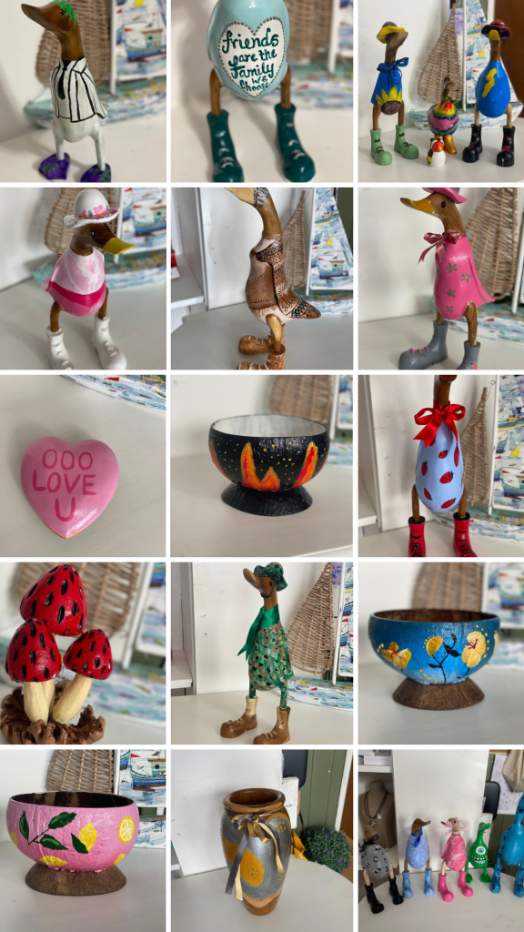 Pottery painting with a twist, painted wooden ducks and other items