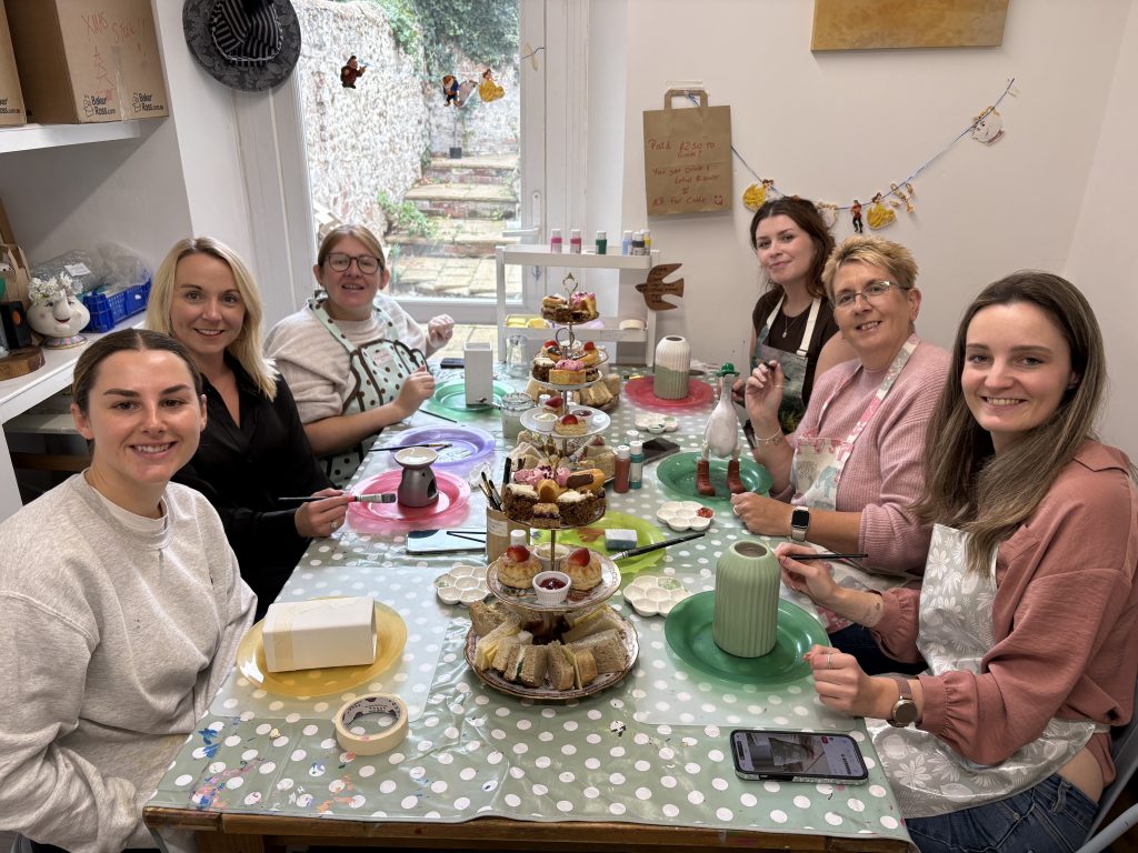 Sip & paint Exmouth, customers enjoying pottery painting, afternoon tea and BYOB 