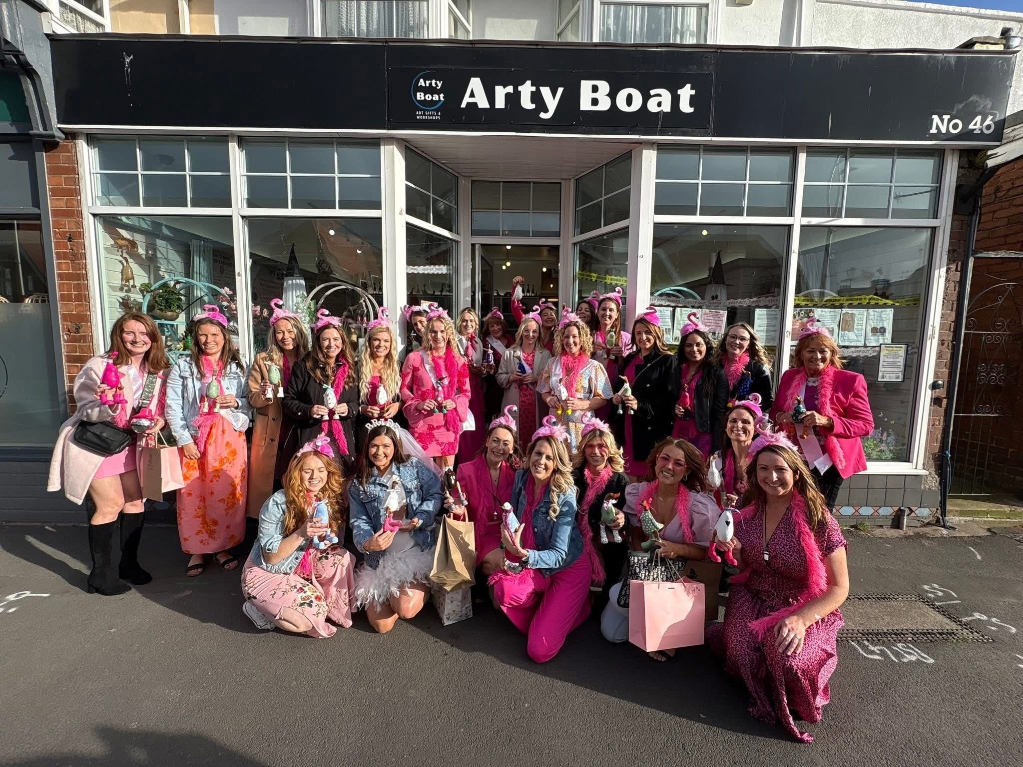 hen party, group of ladies celebrating at arty boat with duck painting