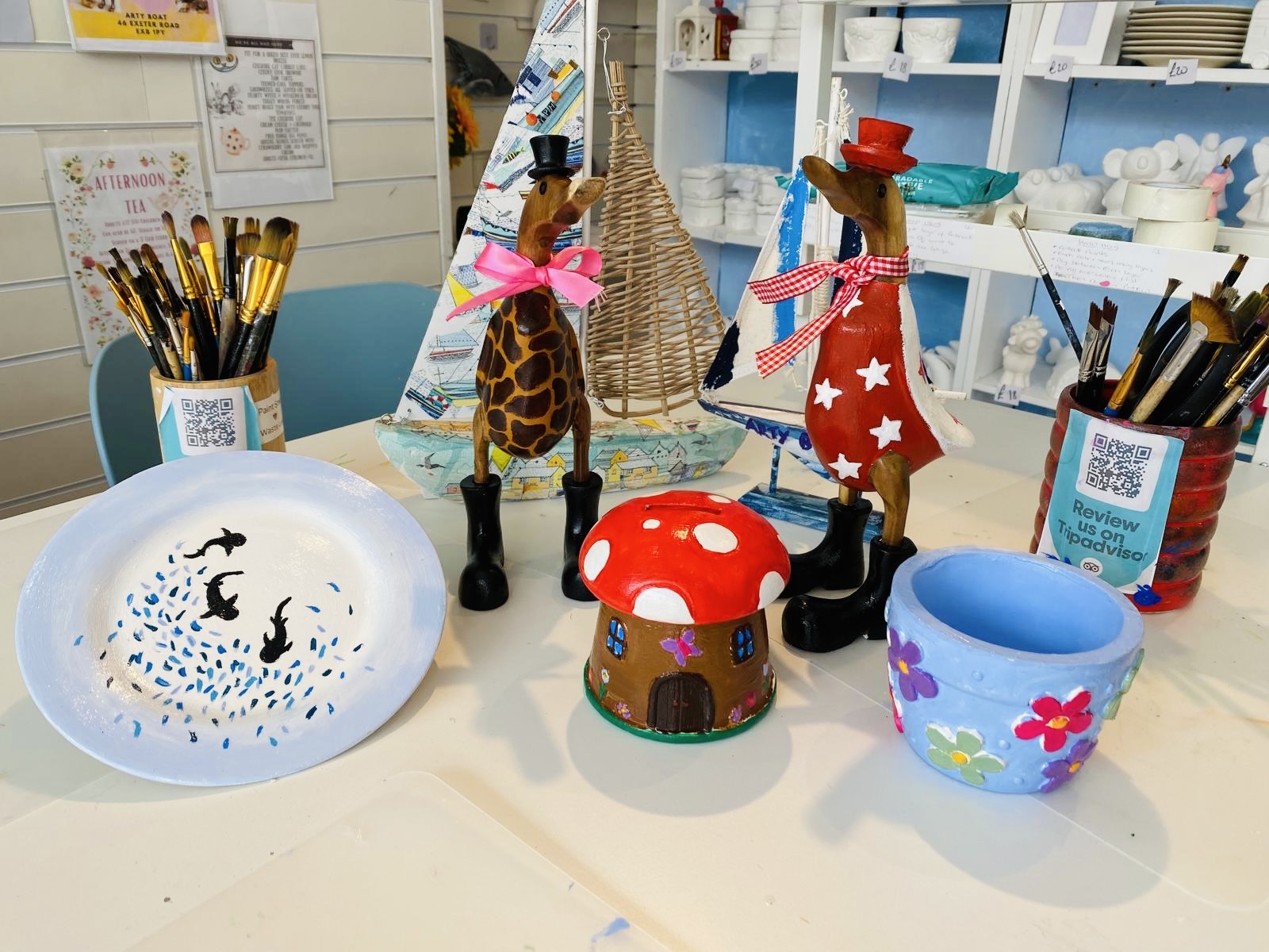 Selection of different pottery painting in Exmouth at arty boat, different shapes and colours