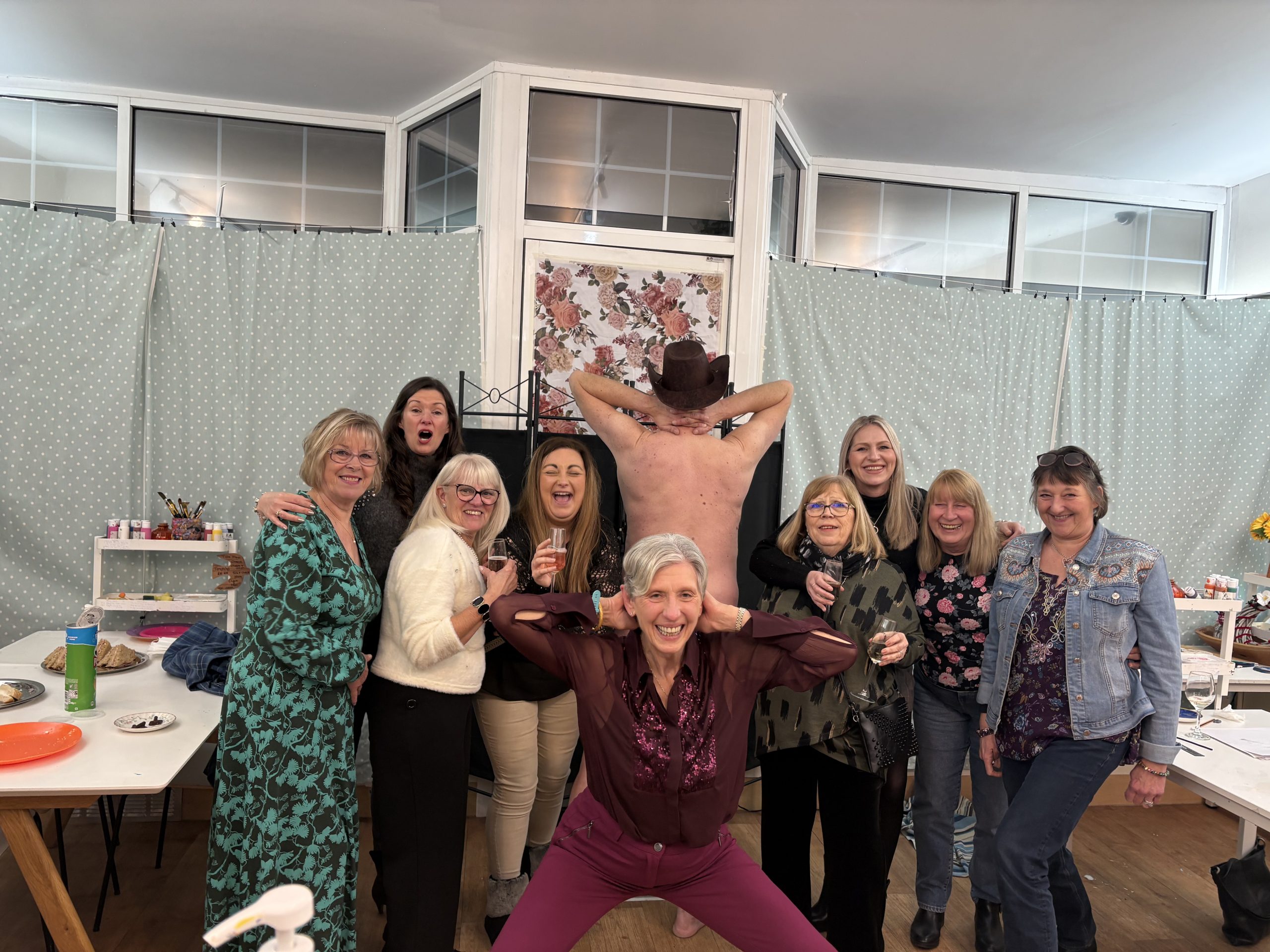 Life drawing Exmouth at arty boat, a group of ladies having a fun picture with the model