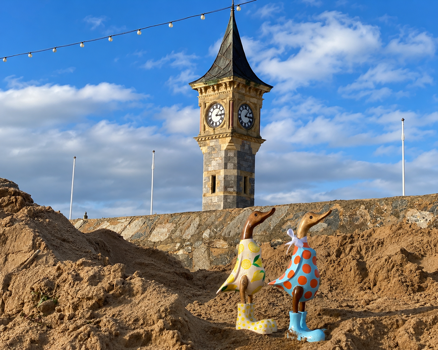 Painted wooden ducks by Exmouth Clock Tower on the seafront